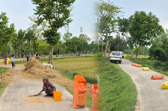 চুনারুঘাটে সড়কের উপর ধান-খড় শুকানোর মহোৎসব ।। দুর্ঘটনার ঝুঁকিতে চালক ও পথচারী