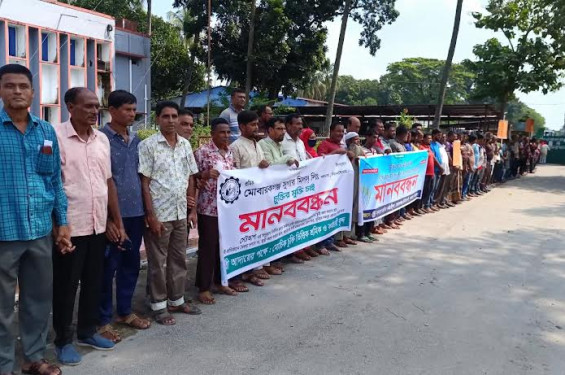 চাকুরী স্থায়ীকরনের দাবীতে ঝিনাইদহের মোবারকগঞ্জ সুগার মিলের শ্রমিক-কর্মচারীদের মানববন্ধন