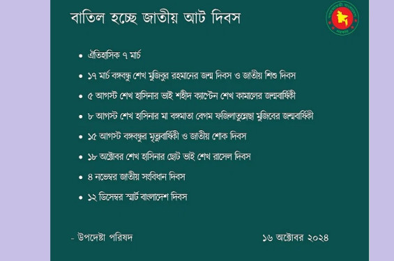 ৭ মার্চ ও ১৫ আগস্টসহ ৮ জাতীয় দিবস বাতিল হচ্ছে