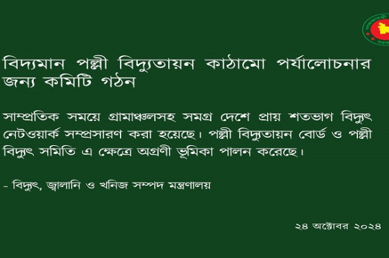 পল্লী বিদ্যুতায়ন কাঠামো পর্যালোচনার জন্য জাতীয় কমিটি গঠন